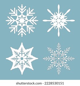 Set of snowflakes with different shapes on a blue background