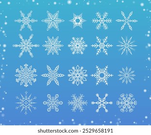 Set of Snowflakes. Doodle line snow icons silhouette. Elaborate snowflakes isolated, transparent. Design element for christmas banner, cards, new year decoration