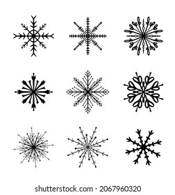 Ponga copos de nieve en estilo doodle. Colección de copos de nieve dibujados a mano aislados en fondo blanco. Ilustración del vector