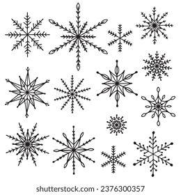 Ponga copos de nieve en estilo doodle. Copos de nieve aislados en un fondo blanco para el diseño invernal. Iconos de copos de nieve configurados. Ilustración del vector