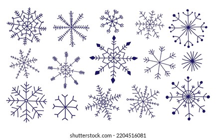 Ponga copos de nieve en estilo doodle para el diseño invernal. Ilustración vectorial. Copos de nieve dibujados a mano de la colección