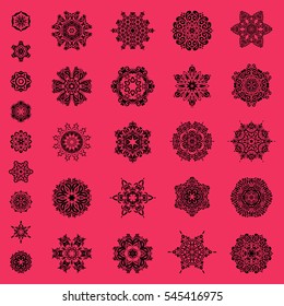 Set of snowflakes and dots on a pink background. Vector abstract design.
