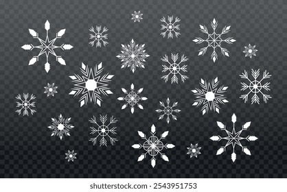 Conjunto de flocos de neve em traçado editável. Sublinhado. Ano Novo e feriado. Rabiscos. Xmas. Faíscas e brilhos. Formas e elementos. Ornamento e padrão. Modelo. Isolado. Rabiscar e puxar a mão. Fluxo