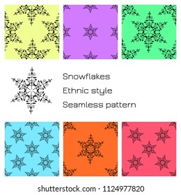Set Snowflakes. Ethnic style. Colored backgrounds. Seamless pattern. For winter, New Year Christmas projects