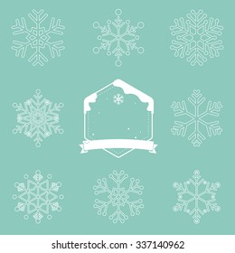 Set of snowflakes in flat design and christmas badge.  Vector Illustration