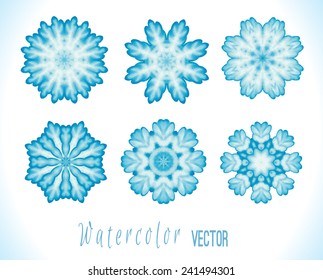 Set of snowflakes, fractals or mandalas  great for christmas or ethnic use. Hand drawn watercolor  illustration. Colorful  vector snowflake  isolated on white  background