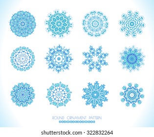 Set of snowflakes, fractals or mandalas great for Christmas or ethnic use. Hand drawn  illustration. Colorful vector snowflake isolated on white background