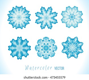 Set of snowflakes, fractals or mandalas  great for christmas or ethnic use. Hand drawn watercolor  illustration. 