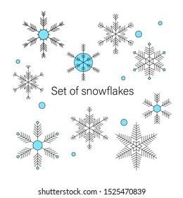 Set of snowflakes geometric vector illustration. Blue and white background.