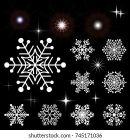 Set of snowflakes and glowing elements. Collection of elements for the New Year and winter design. Vector illustration.