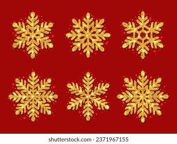 Set of snowflakes. Gold glitter texture. Christmas decoration. Shining golden snowflakes on a red background.