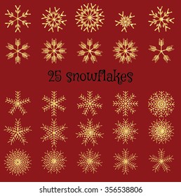 Set of snowflakes. Gold vector snowflakes on a red background. Beautiful winter ornament. Snowflake icons.