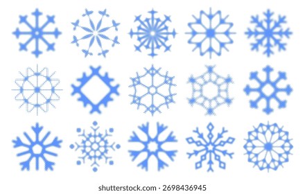 Set of snowflakes with halftone texture. Blue snowflakes isolated on a white background. Various shapes of snow.