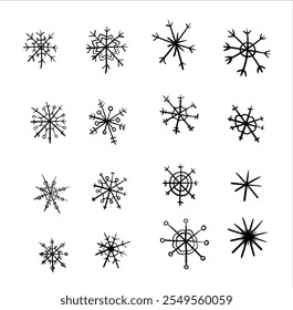 Set of snowflakes. Hand drawn and doodle snowflake and snow. Suitable for Websites and illustrations. Vector.