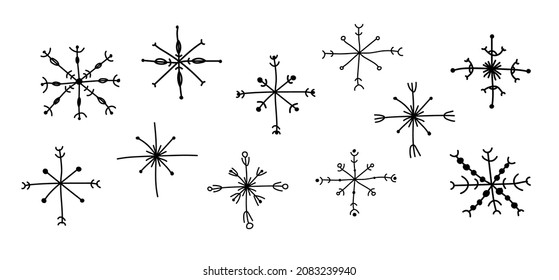 A set of snowflakes hand-drawn in boho style. Vector illustration for the decor of New Year's compositions, Christmas greetings in boho style.