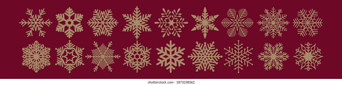Set von Schneeflocken-Symbolen im flachen Stil. Dekoration auf Weihnachten- und Neujahrshintergrund. Goldene Schneeflocken auf rotem Hintergrund.
Vektorgrafik.
