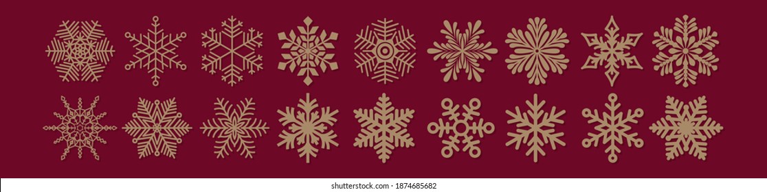 Conjunto de iconos de copos de nieve en estilo plano. Decoración para Navidad y Año Nuevo. Copos de nieve dorados en un fondo rojo.
Ilustración vectorial.