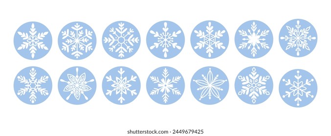 Conjunto de iconos de copos de nieve en marco redondo sobre fondo aislado. Concepto de celebración de invierno. Ilustración vectorial. Para sticker, redes sociales
