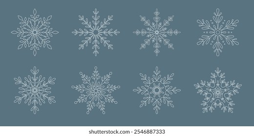 Conjunto de flocos de neve isolados no fundo. Feliz Natal e feliz ano novo ícone coleção. Elementos de vetor desenhados à mão. Flocos de neve de conto de fadas em estilo de arte de linha. Floco de neve com uma linha de traço único