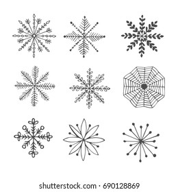 Set of  snowflakes isolated on background. Ink vector illustration.