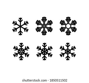 Conjunto de copos de nieve aislados sobre fondo blanco. Nieve para la decoración y los patrones. Silueta negra, diseño plano simple mínimo, eps 10.