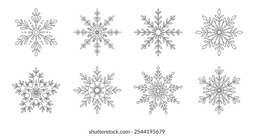 Set of Snowflakes isolated on white background. Merry Christmas and Happy New Year icon collection. Hand draw vector elements. Fairytale snowflakes in line art style. Snowflake one single stroke line