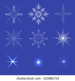 Set of snowflakes and lights on a blue background vector illustration