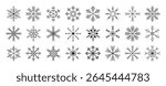 Set of snowflakes linear vector icon. Geometric snowflake shape, nature and winter related vector symbol hand drawn contour collection. Design for logo, sticker, christmas, icon.