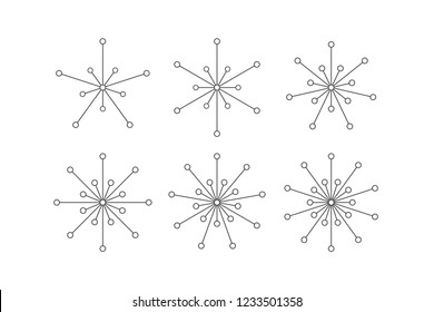 Set of snowflakes of lines and circles. Five, six, seven, eight, nine, ten pointed snowflakes isolated on white. Geometric figures. Design elements. EPS 10 vector.