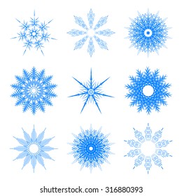 Set of snowflakes for the new year 2016. Set of linear round figures, as the rays of the sun. Blue radial objects on the white background in vector. Decoration borders for text
