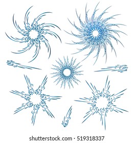 Set of snowflakes for the new year . Collection of linear round figures, as the rays of the sun. Blue radial objects on the white background in vector. Decoration signs