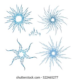 Set of snowflakes for the new year . Collection of linear round figures, as the rays of the sun. Blue radial objects on the white background in vector. Decoration signs