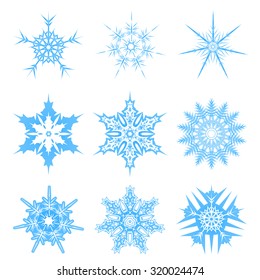  Set of snowflakes for the new year. Set of linear round figures, as the rays of the sun. Blue radial objects on the white background in vector. Decoration borders for text