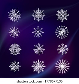 Conjunto de copos de nieve sobre fondo oscuro abstracto. 