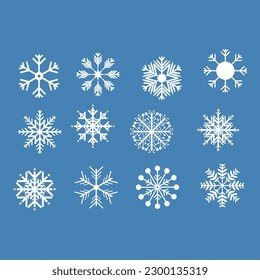 conjunto de copos de nieve sobre fondo azul