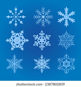 Juego de copos de nieve sobre un fondo azul. Elementos decorativos para tarjetas de felicitación, fondos de vacaciones, envoltura, tela, banners. Ilustración vectorial. 