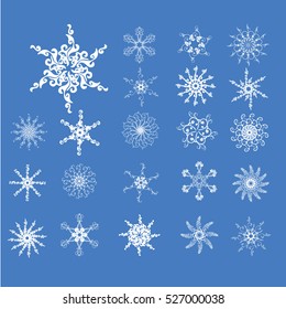 Set  of snowflakes on a blue background.Set snowflakes flat different shaped.