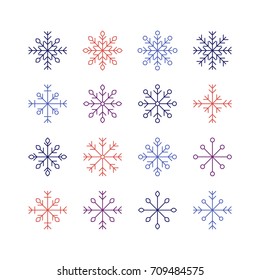 Un conjunto de copos de nieve sobre fondo azul. Ilustración vectorial.