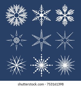 Set of snowflakes on dark blue background. White Christmas snow crystal element. Template design for xmas, winter holidays or backgrounds. Weather ice collection. Vector illustration
