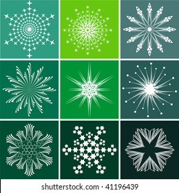 Set snowflakes on green background, vector illustration