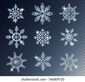 Set of snowflakes on navy blue background. Realistic vector snowflakes.