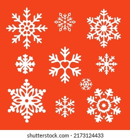 Set of Snowflakes on a Red background. Flat Vector Illustration.