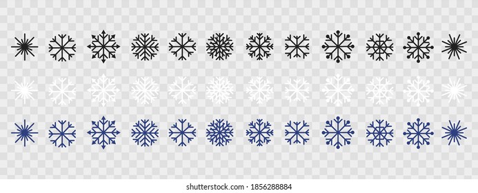 Set von Schneeflocken auf transparentem Hintergrund. Vektorflache Illustration. Nettes Element für Weihnachts- oder Neujahrsbanner, Karten. Neujahrsschmuck.