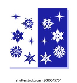 conjunto de copos de nieve sobre un fondo blanco, sobre un fondo azul, simples siluetas vectoriales de copos de nieve, elemento de diseño para invierno y concepto de año nuevo