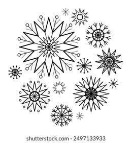 Set of snowflakes on white background. Set of winter design elements. Isolated mandala ornament vector illustration. Coloring page. Monochrome tattoo design.