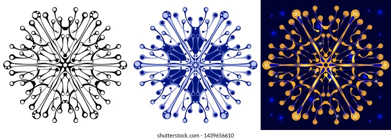 Set of snowflakes on a white and dark blue background. Hand drawing style. Fill with a gradient of blue and gold. To create patterns on the packaging, fabrics, for the design of the winter theme.