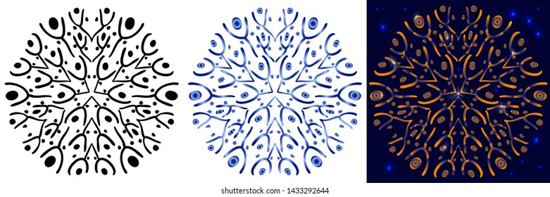 A set of snowflakes of the original form on a white and dark blue background. Stylized hand-drawn snowflakes to create a winter pattern.