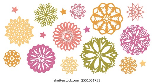 Set von Schneeflocken für Postkartendesign. Wintermuster. Schablonen zum Schneiden mit einer Schere. Hausdekoration für Weihnachts- und Neujahrsfeiertage. Vektorgrafik einzeln auf weißem Hintergrund.
