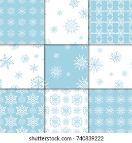 Set of snowflakes seamless patterns. Blue and white backgrounds for wallpapers and textile. Vector illustration