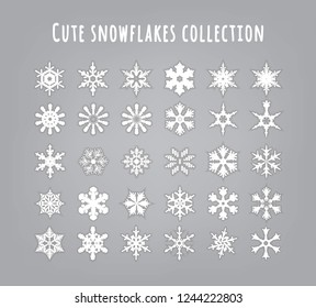set snowflakes with shadow on grey background